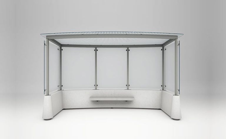 Marquesina de autobús de gran tamaño en hormigón prefabricado.