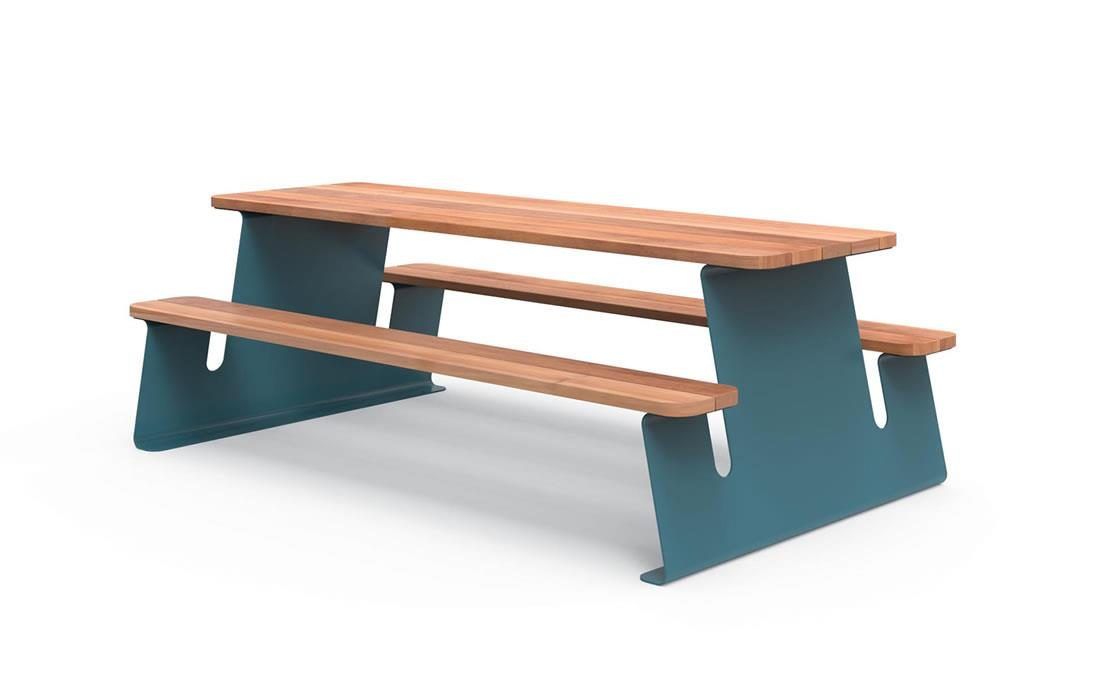 Wave mesa urbana exterior metálica en acero y madera.