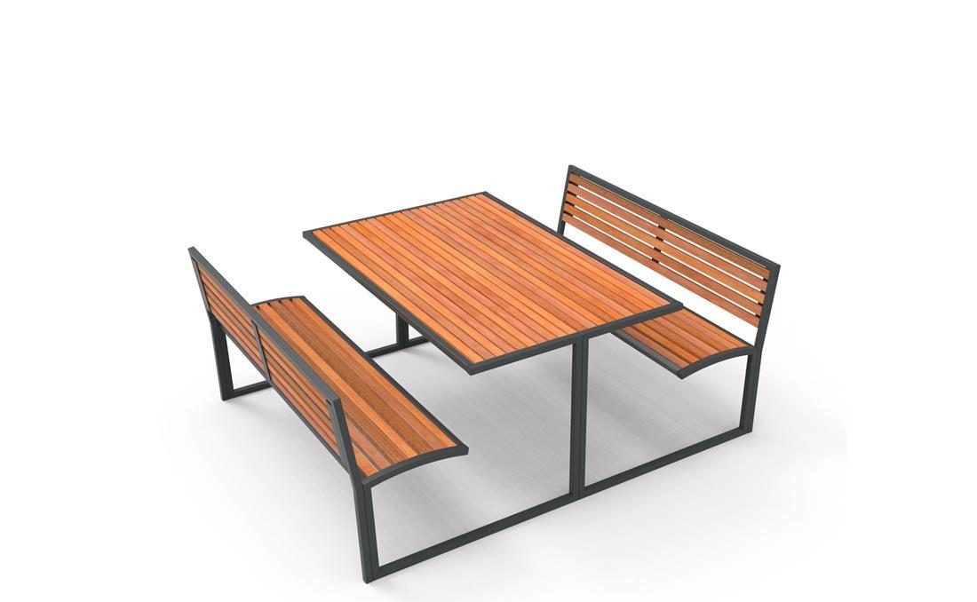 Conjunto mesa y bancos exteriores ideal para picnic en parques urbanos.