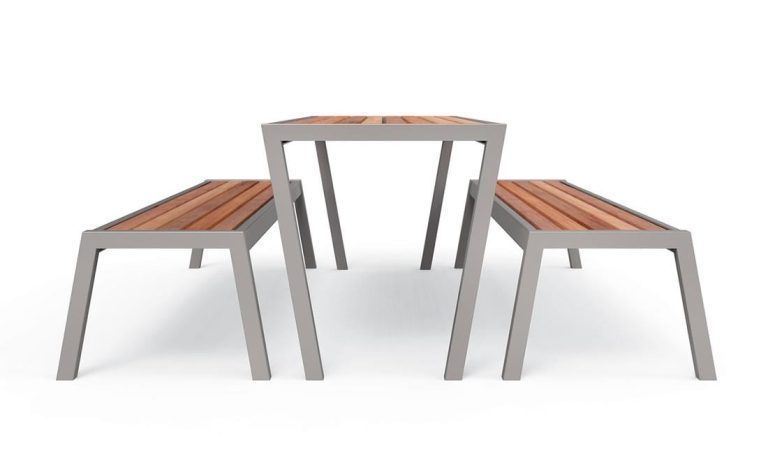 Moderna mesa y bancos picnic para mobiliario urbano resistente y antivandálica modelo Casteo.
