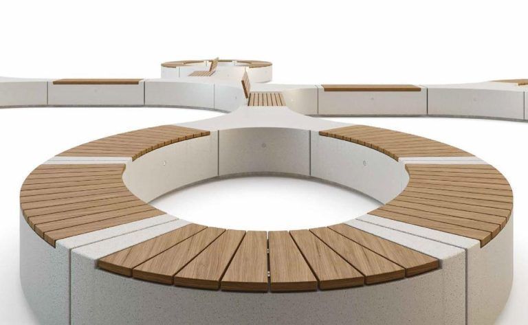 Demetra banco hormigon y madera recto y curvo modular combinación.
