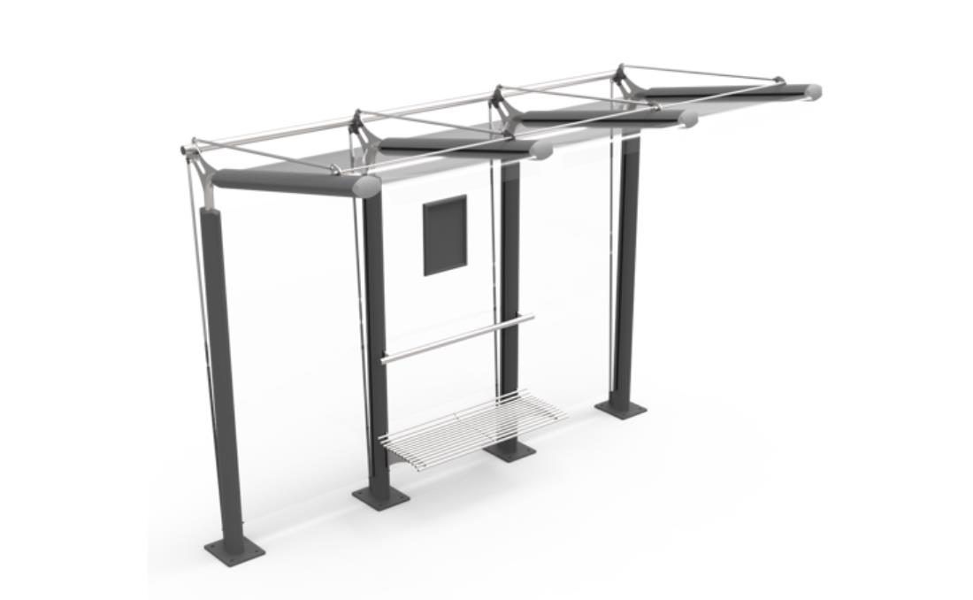 Marquesina de bus urbana fabricada con acero, vidrio y cristal.