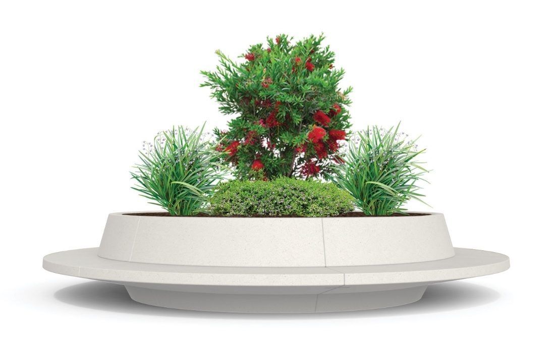 Jardinera banco en hormigón prefabricado con respaldo.