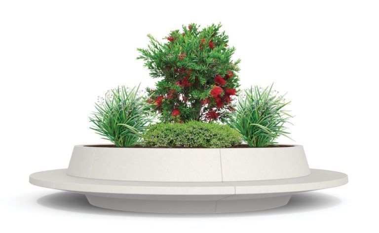Jardinera banco en hormigón prefabricado con respaldo.