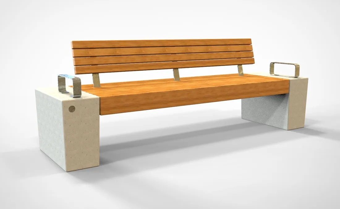 banco-hormigon-respaldo-madera-apoyabrazos Banco de hormigón con respaldo de madera y resposabrazos.