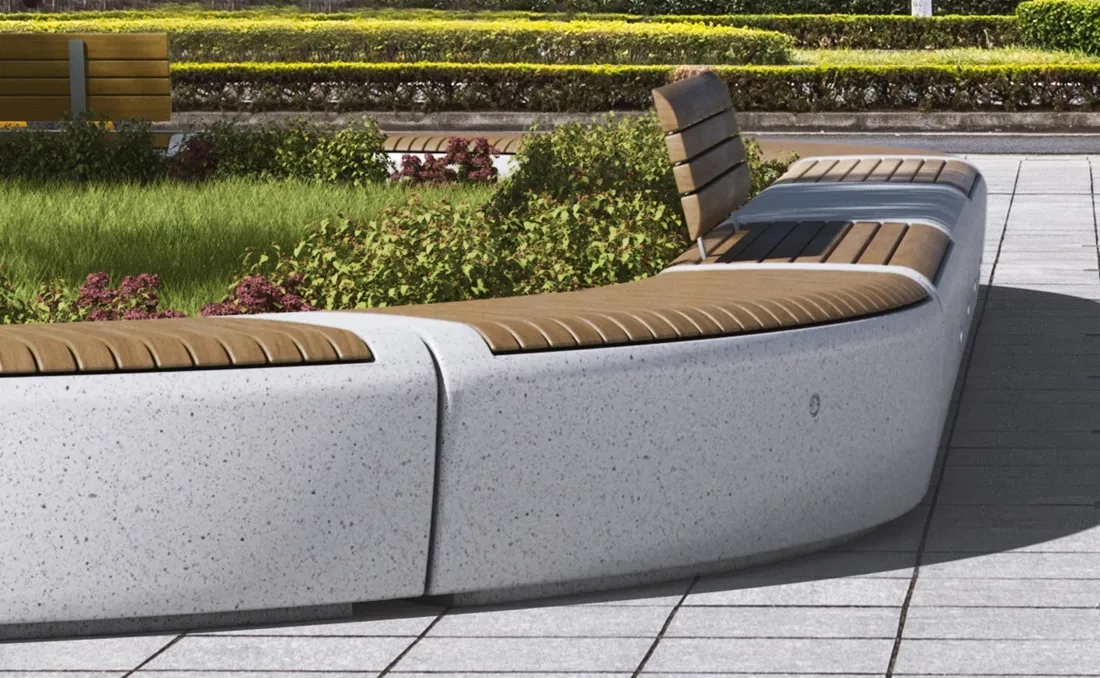 banco-hormigon-respaldo Bancos de granito con asiento de madera tropical.