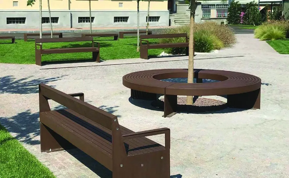 banco-respaldo-madera-urbano-recto-circular Banco circular para árboles urbanos.