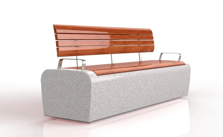 Banco de hormigón ONDA con asiento y respaldo de madera y apoyabrazos.
