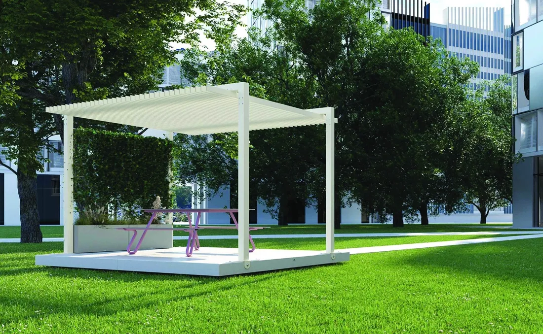 cubierta-marquesina-urbana Pérgola tipo marquesina para entornos urbanos.