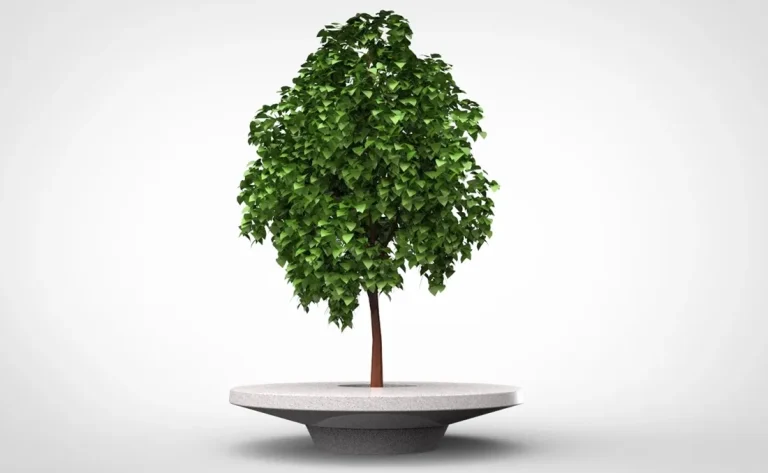 Jardinera banco circualr en hormigón prefabricado para mobiliario urbano.