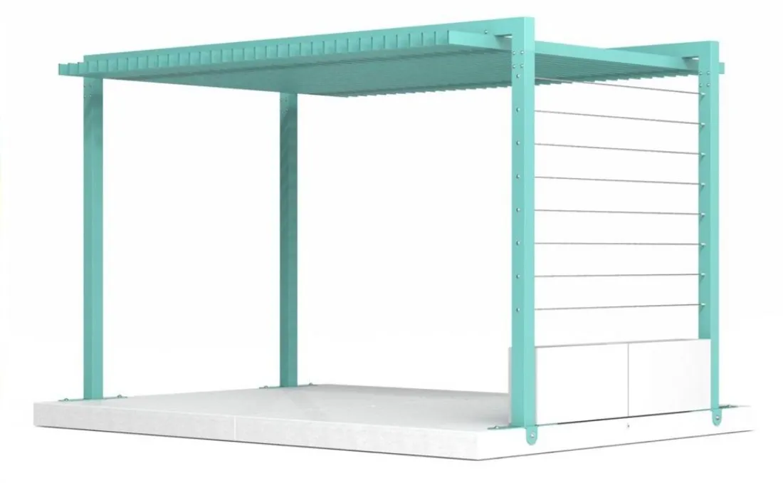 perspectiva-marquesina-urbana Pérgola urbana con base de hormigón para entornos urbanos.