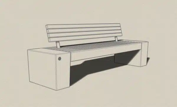 Modelado digital en 3D de un banco urbano con soportes laterales y listones de madera.